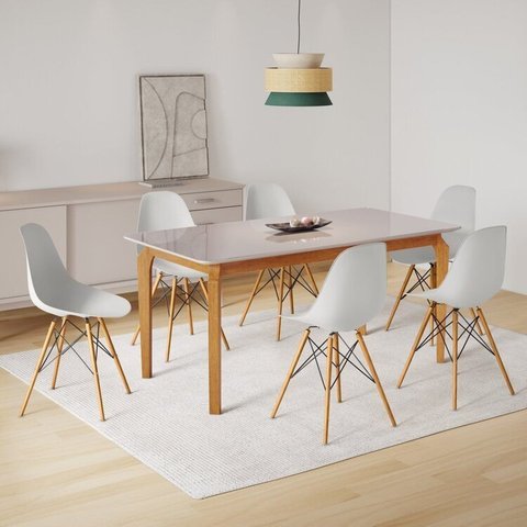 Conjunto Sala de Jantar Mesa Madeira Maciça Tampo Vidro com 6 Cadeiras Eames Yescasa Branco/Marrom