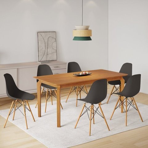Conjunto Sala de Jantar Mesa Madeira Maciça com 6 Cadeiras Eames Espresso Móveis Marrom/Preto