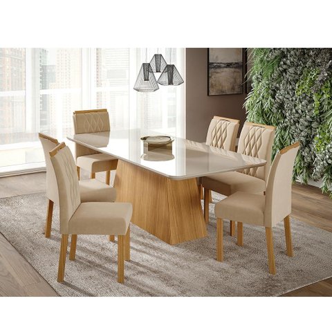 Mesa para Sala De Jantar Helena 210 x 100 cm e 6 Cadeiras Juliana Cimol Nature/Off-White/Madeira/Nud