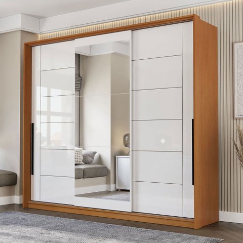 Guarda-roupa Casal Lisboa 3 Portas 4 Gavetas com Espelho Freijó/branco - Politorno