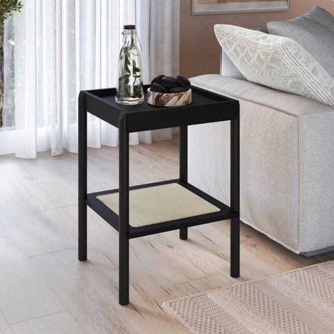 Mesa Lateral Quadrada com Prateleira 43cm Palhinha Pé Madeira Oslo Preto