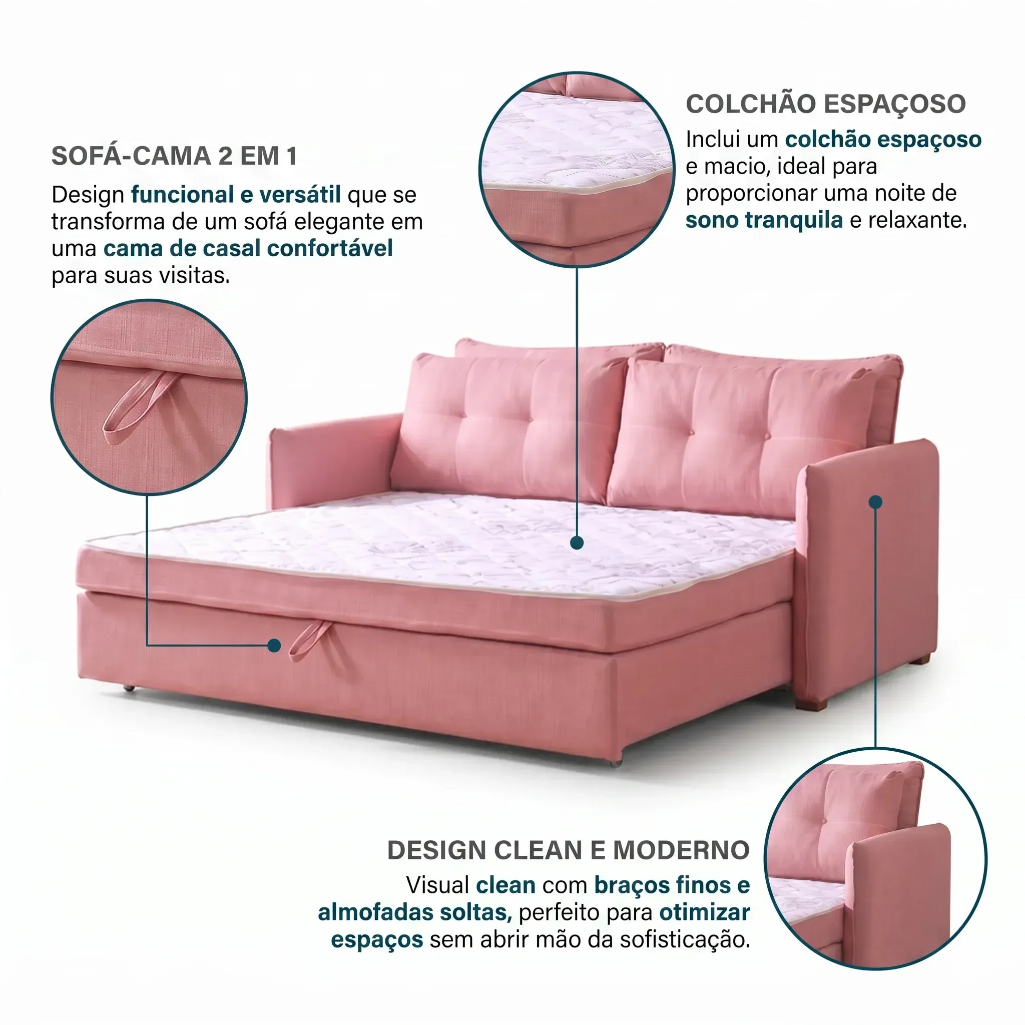 Ver imagem 5 de Sofá Cama Casal Montreal com Colchão Fixo em Linho Rosa