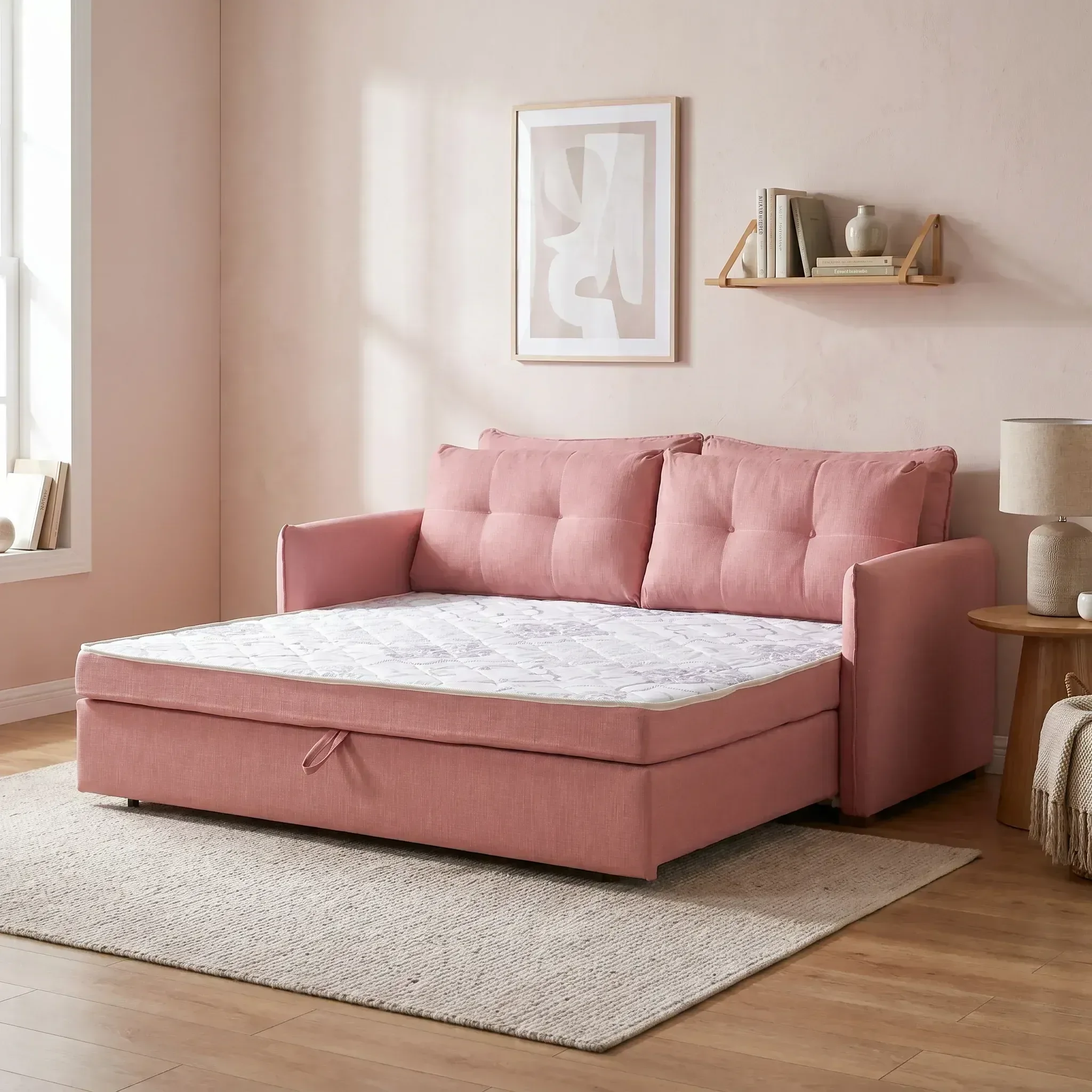 Sofá Cama Casal Montreal com Colchão Fixo em Linho Rosa