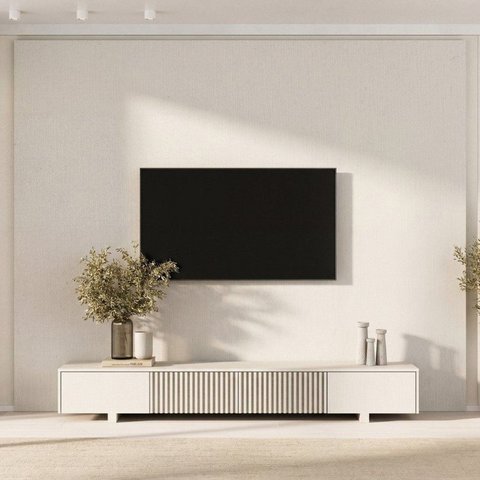Rack Ripado com Painel TV até 86 Polegadas Planejado 280x230cm Aruá CabeCasa MadeiraOriginals Off White