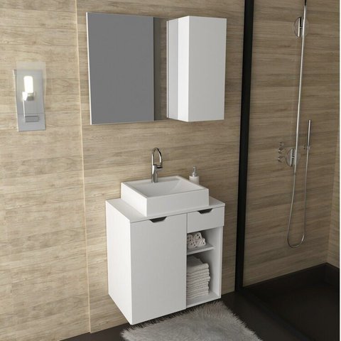 Conjunto de Banheiro com Gabinete Suspenso 60cm e Espelheira 80cm Branco