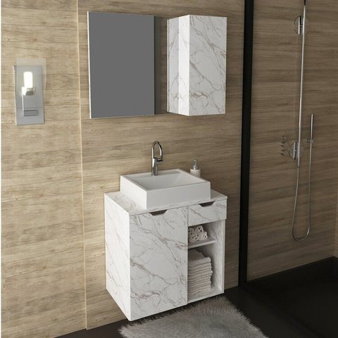 Conjunto de Banheiro com Gabinete Suspenso 60cm e Espelheira 80cm Branco/Mármore