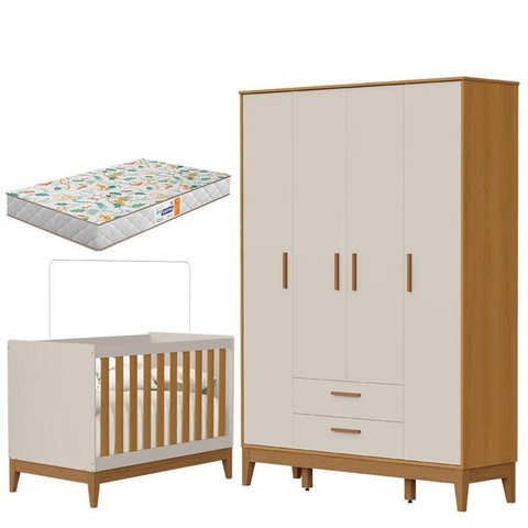 Guarda Roupa Infantil 4 Portas com Berço Americano Flip Areia Acetinado Savana com Colchão Gazin - R