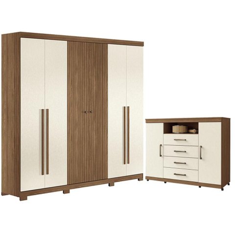 Guarda Roupa Casal Ripado 6 Portas Buriti com Pés e Cômoda Havana Master com Rodizio Jatobá Areia