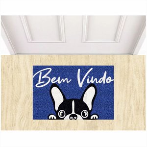 Tapete Capacho Vinil Bem Vindo Bulldog Pets para Decoração.:azul Royal