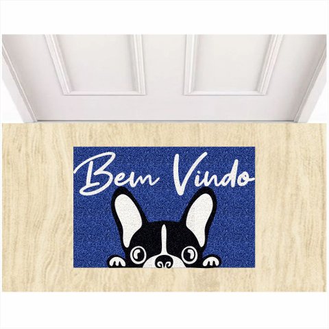 Tapete Capacho Vinil Bem Vindo Bulldog Pets para Decoração.:azul Royal