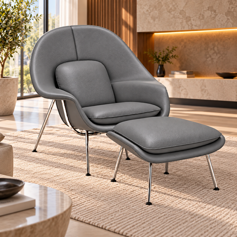 Poltrona Womb Chair com Puff em Couro Ecológico Cinza