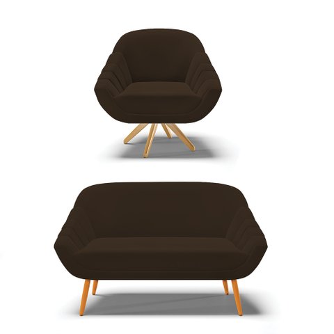 Kit 01 Namoradeira 02 Lugares e 01 Poltrona Giratória Giovana Suede Marrom Base Madeira MA30 - D'