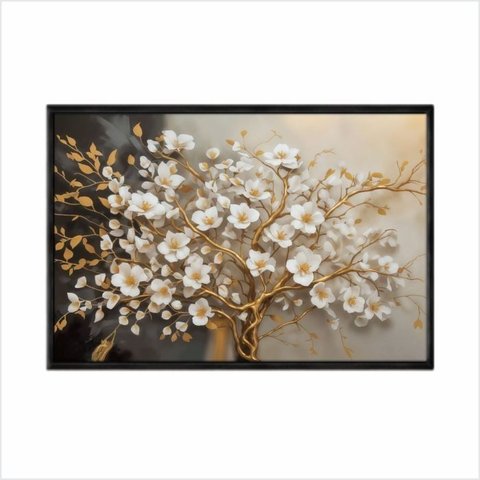 Quadro Decorativo - Arvore Dourado Branco Luxo Ouro Art049 - Vidro com Impressão Uv - 60x40cm