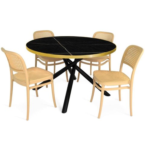 Conjunto Mesa de Jantar Redonda Solaris Preta 120cm com 4 Cadeiras Roma - Nude