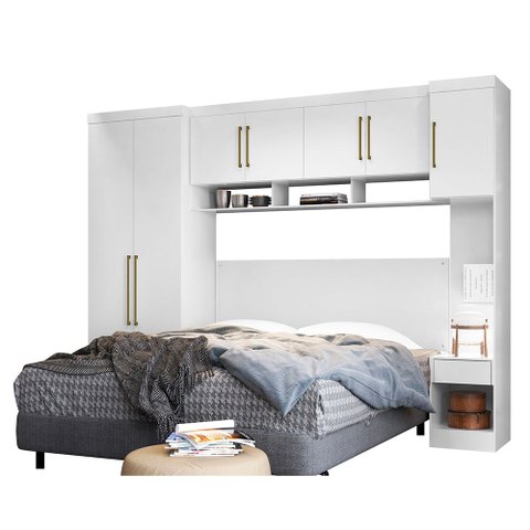Quarto Modulado de Casal Branco Diamante C/ Roupeiro Roupeiro e Mesa de Cabeceira