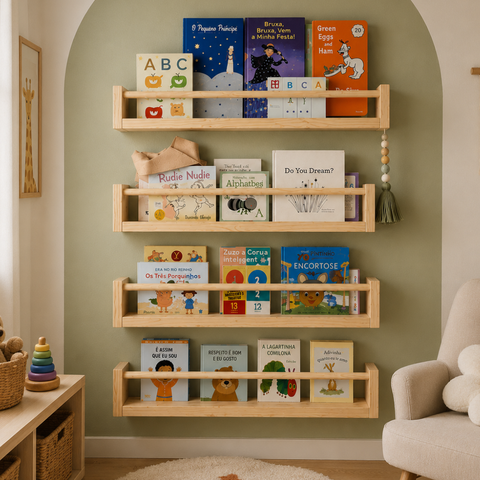 Kit 4 Prateleiras Livros Infantil Montessori em Madeira Pinus | Organização e Decoração de Quarto