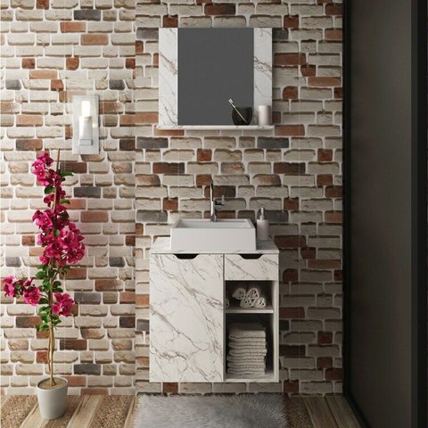 Conjunto de Banheiro com Gabinete Suspenso 60cm e Espelheira com Prateleira Branco/Mármore
