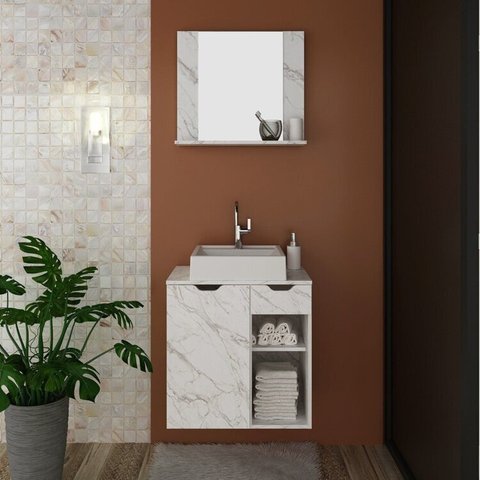 Conjunto de Banheiro com Gabinete Suspenso 60cm e Espelheira com Prateleira Branco/Mármore