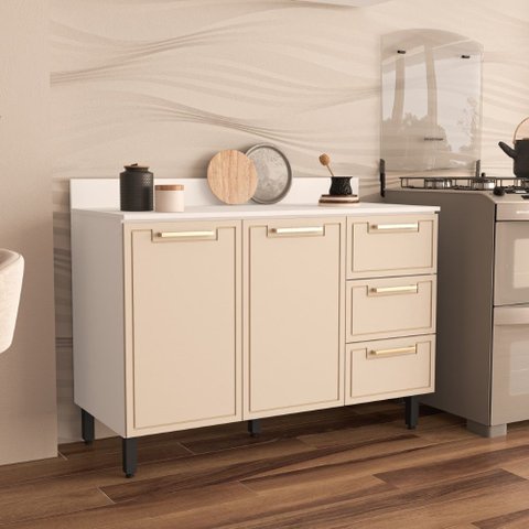 Balcão de Cozinha 120cm 2 Portas 3 Gavetas com Tampo Amara Branco Creme Politorno Móveis
