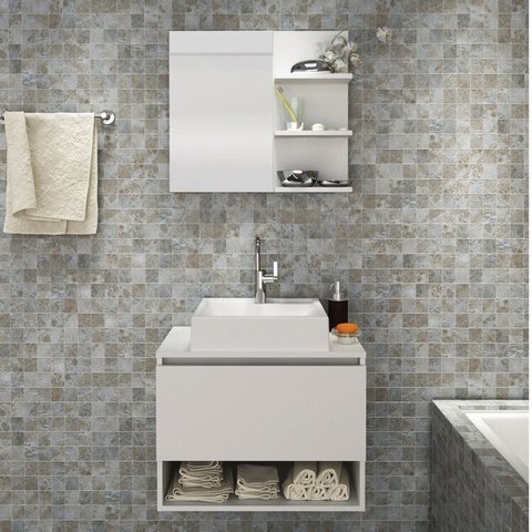 Conjunto de Banheiro com Gabinete Porta Basculante 60cm e Espelheira 3 Prateleiras Branco