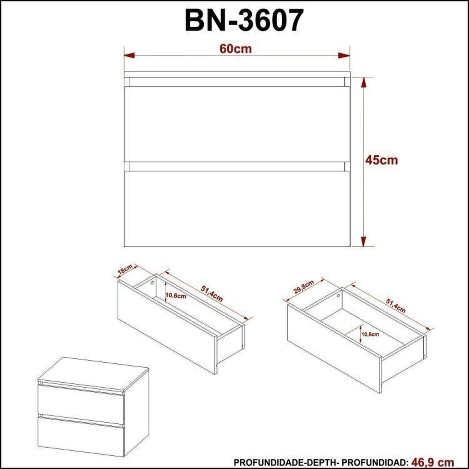 Conjunto de Banheiro com Gabinete Suspenso 2 Gavetas e Espelheira 2 Prateleiras - 6