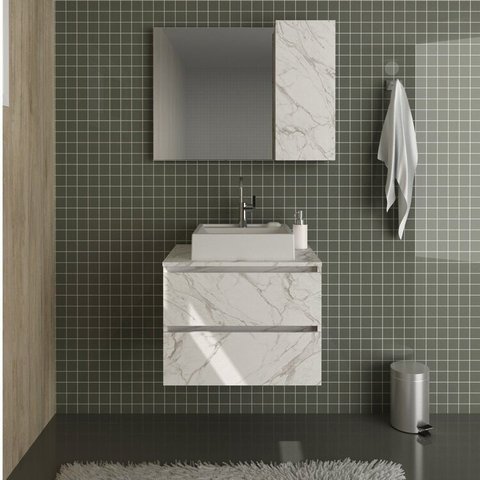 Conjunto de Banheiro com Gabinete Suspenso 2 Gavetas 60cm e Espelheira 80cm Branco/Mármore
