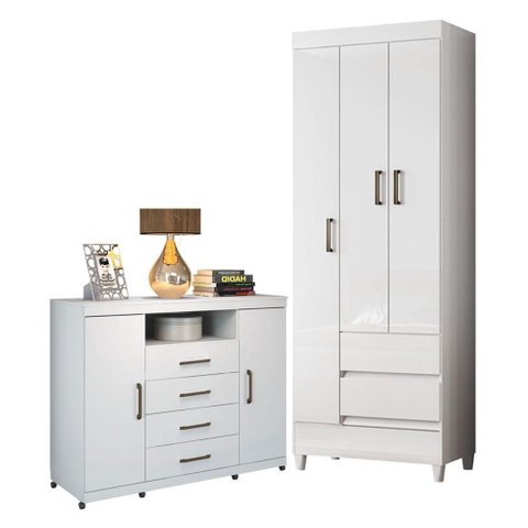 Guarda Roupa Solteiro 3 Portas com Pés e Cômoda Havana Master com Rodizio Branco Brilho - Santos