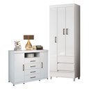 Ver imagem 1 de Guarda Roupa Solteiro 3 Portas com Pés e Cômoda Havana Master com Rodizio Branco Brilho - Santos