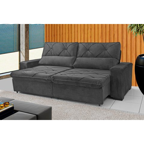 Sofá Retrátil e Reclinável 230 cm Alaska Veludo Cinza Grafite Chamby Móveis