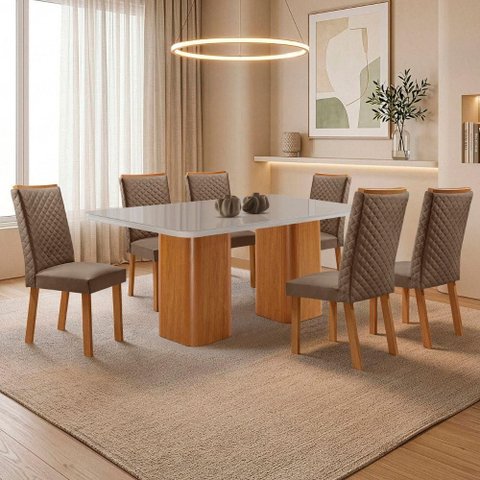 Mesa de Jantar Eloise c/ 6 Cadeiras Lira Tampo em MDF Vidro