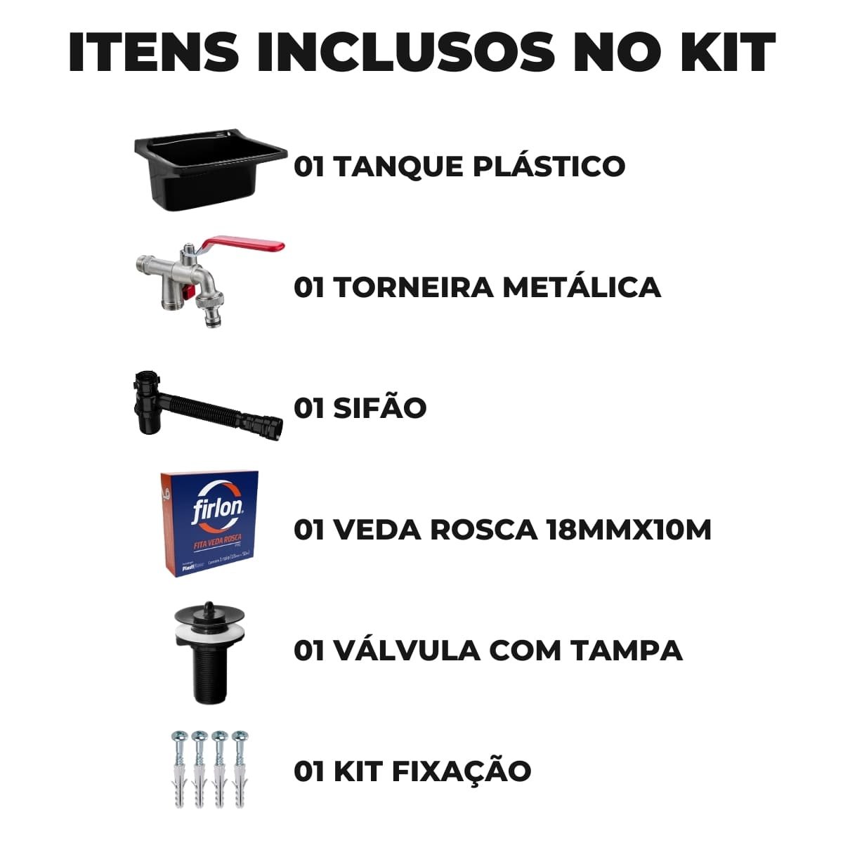 Tanque de Plástico 40l Preto + Torneira com Duas Saídas + Sifão Sanfonado com Copo Preto + Veda Rosc - 2