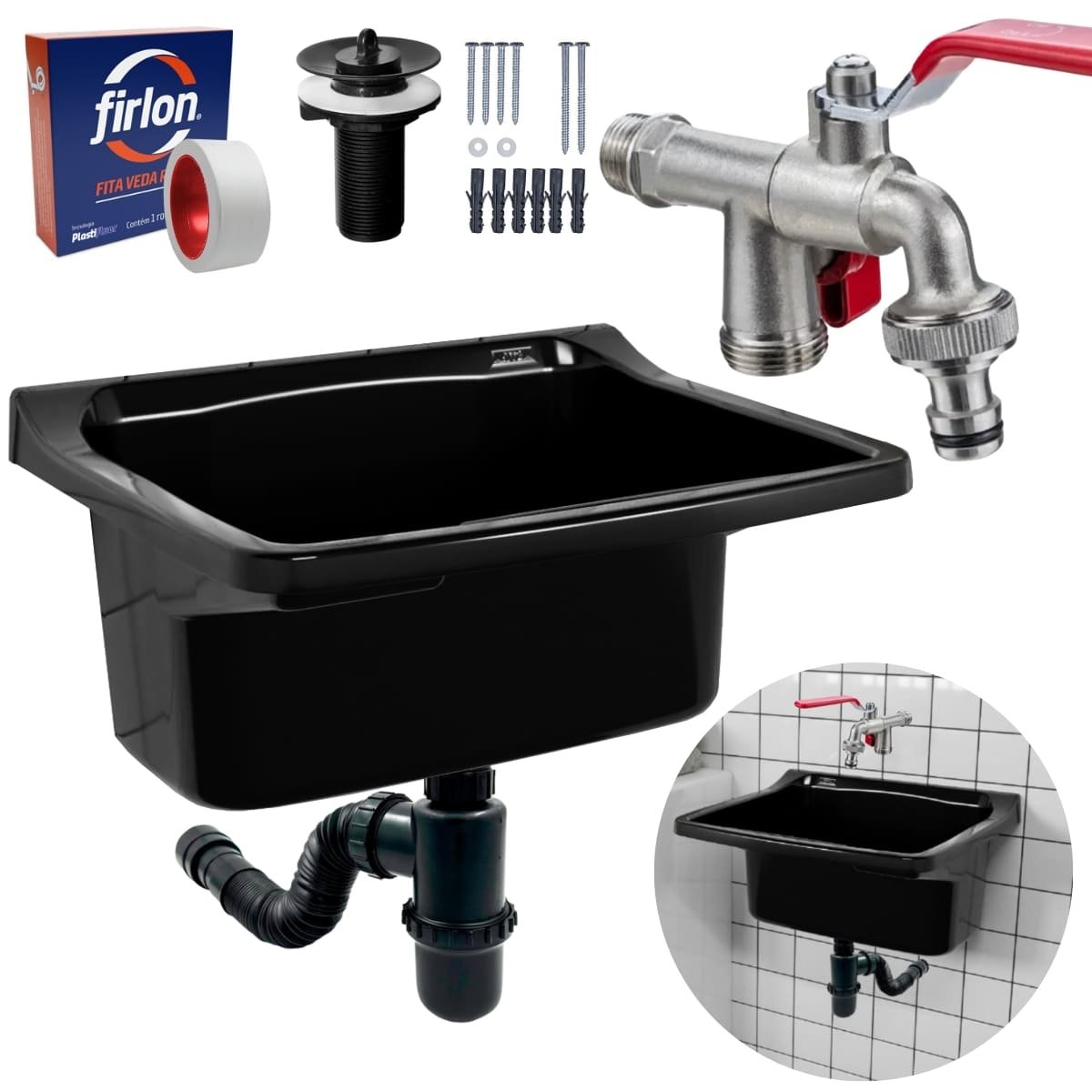 Tanque de Plástico 40l Preto + Torneira com Duas Saídas + Sifão Sanfonado com Copo Preto + Veda Rosc - 1