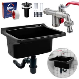 Tanque de Plástico 40l Preto + Torneira com Duas Saídas + Sifão Sanfonado com Copo Preto + Veda Rosc - 1