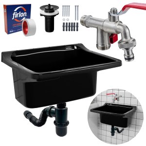 Tanque de Plástico 40l Preto + Torneira com Duas Saídas + Sifão Sanfonado com Copo Preto + Veda Rosc