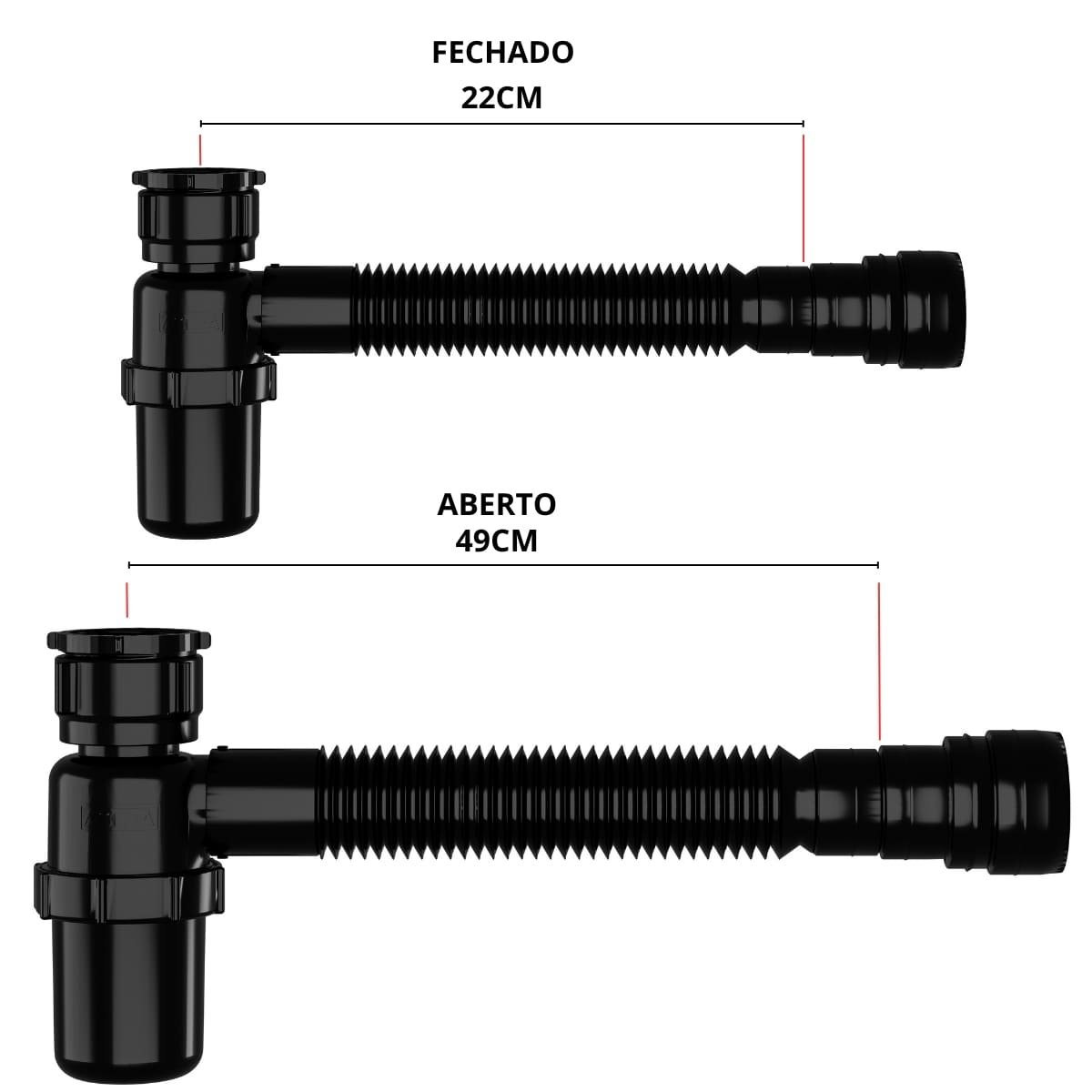 Tanque de Plástico 40l Preto + Torneira com Duas Saídas + Sifão Sanfonado com Copo Preto + Veda Rosc - 6