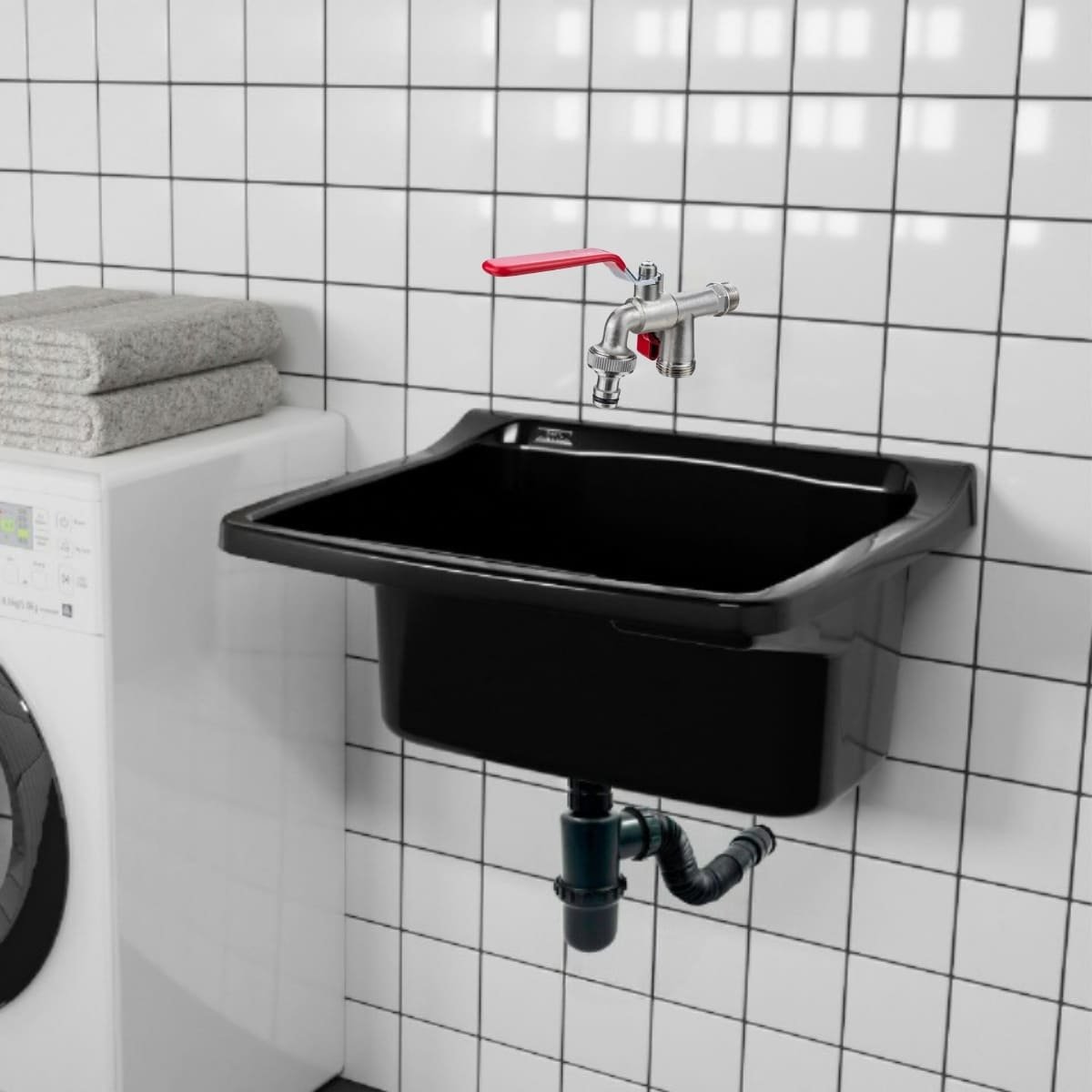 Tanque de Plástico 40l Preto + Torneira com Duas Saídas + Sifão Sanfonado com Copo Preto + Veda Rosc - 11