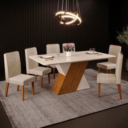 Sala de Jantar DJ Móveis Rubi Tampo Chanfrado Curvo 170x0,25 com 6 Cadeiras Lia - 1