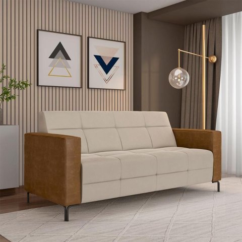Sofá Houston 2 Lugares 200cm Bege em Veludo e PU com Pés em Metal Gran Belo