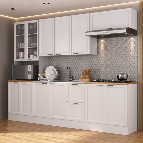 Cozinha Compacta Planejada 5 Peças 1 Paneleiro Duplo 2 Aéreos 2 Balcões Soho CabeCasa MadeiraOriginals Branco