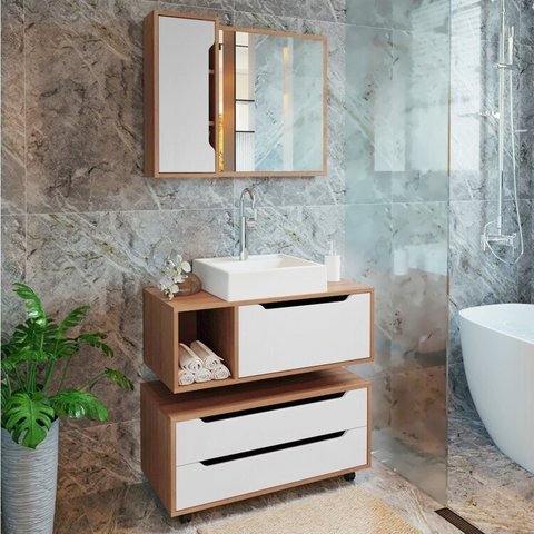 Conjunto de Banheiro com Gabinete Suspenso 1 Gaveta, Espelheira e Armário com Rodízio