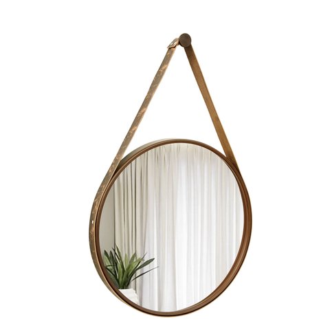 Espelho Decorativo Adnet Marrom Alça Corino Rajado 40 cm Redondo Marrom/Rajado, 40 cm