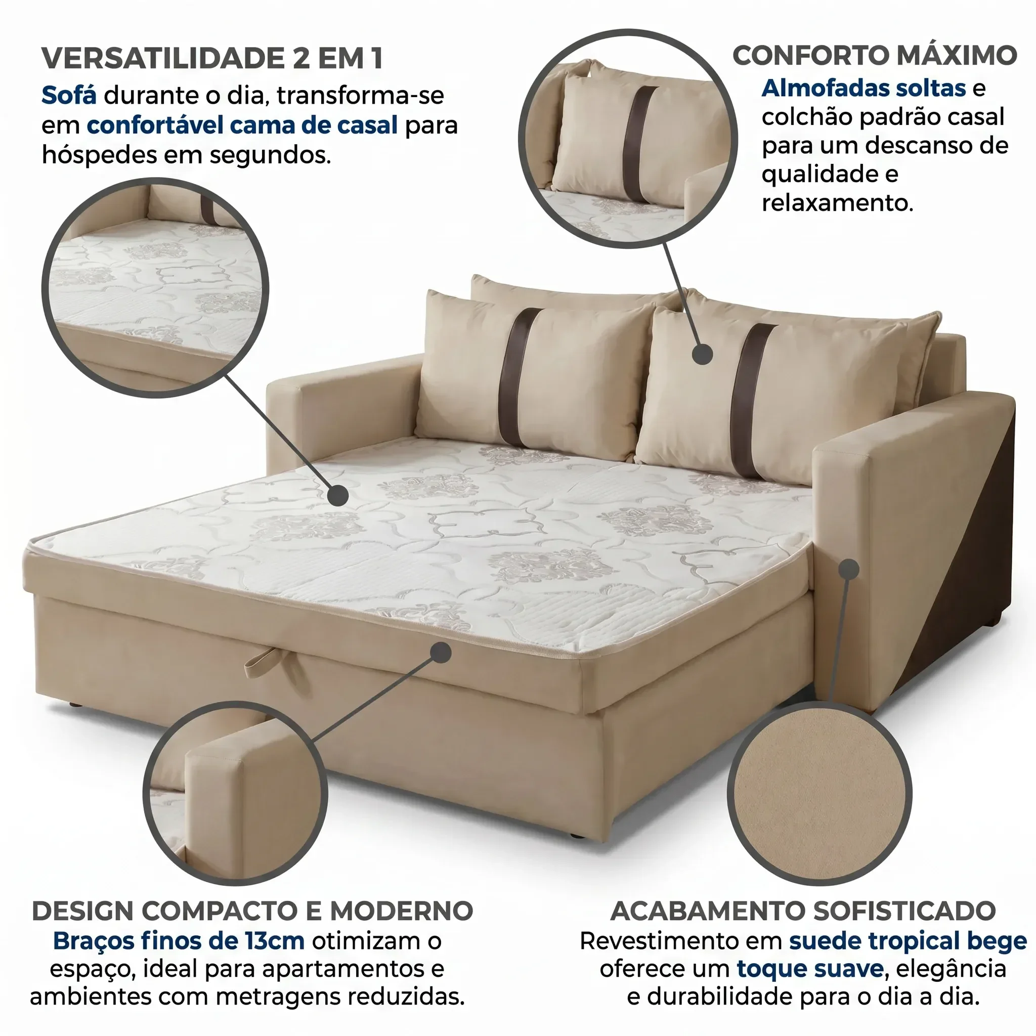 Ver imagem 5 de Sofá Cama Casal 2 Lugares Suede Bege Tropical 165cm