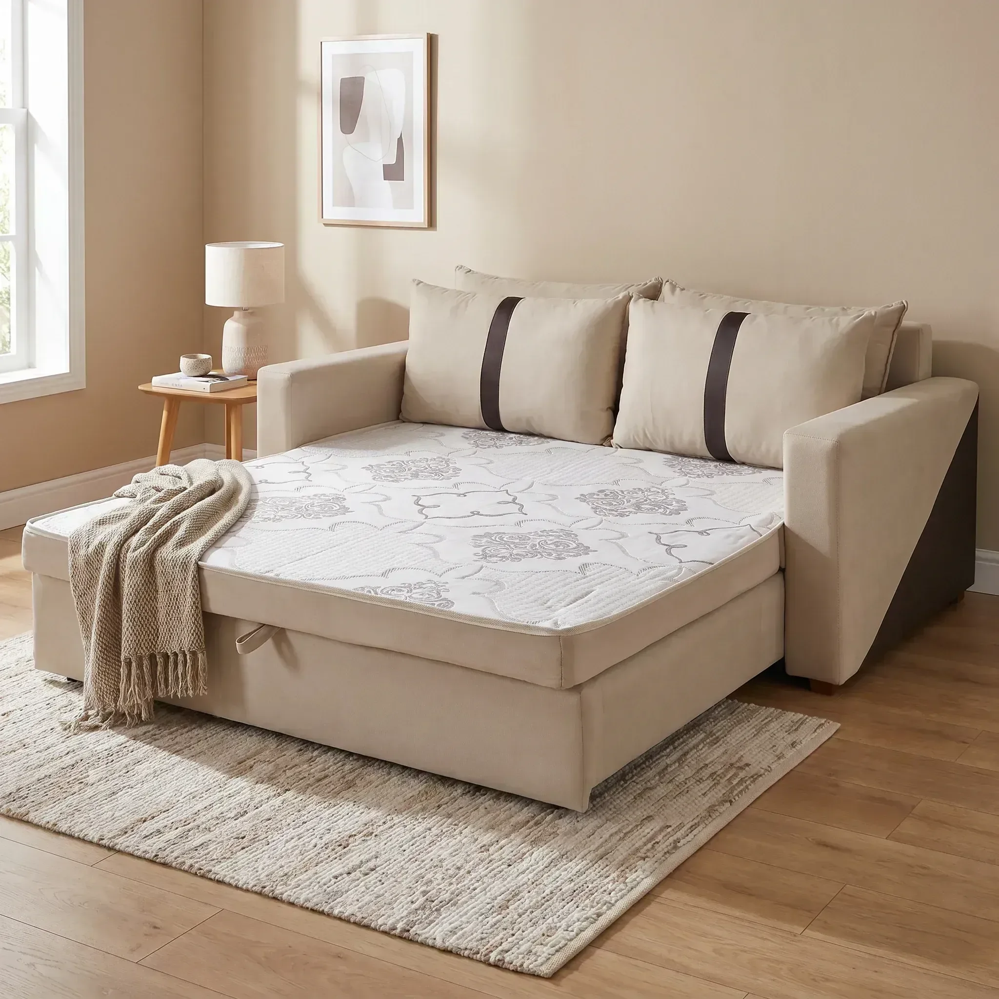 Ver imagem 1 de Sofá Cama Casal 2 Lugares Suede Bege Tropical 165cm