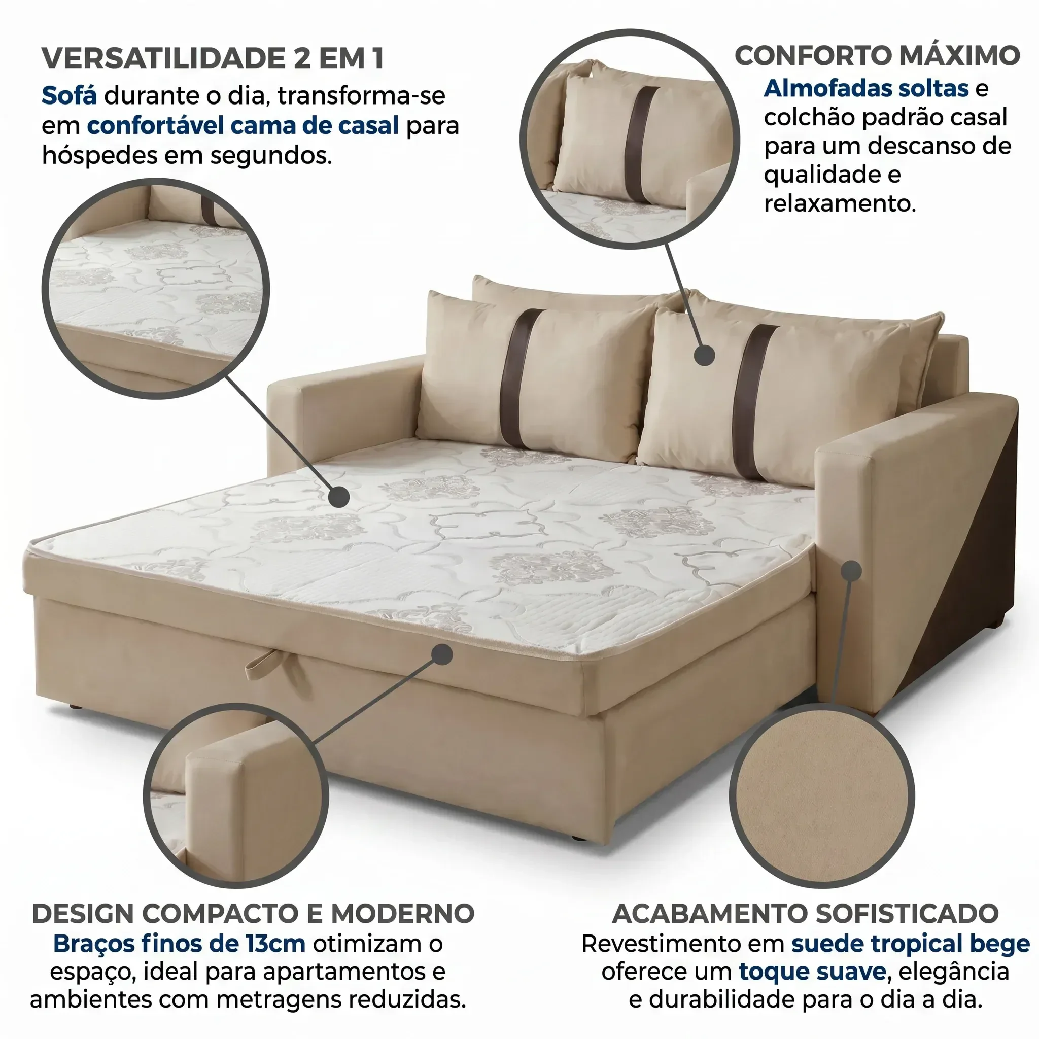 Ver imagem 5 de Sofá Cama Casal 2 Lugares Suede Bege Tropical 165cm