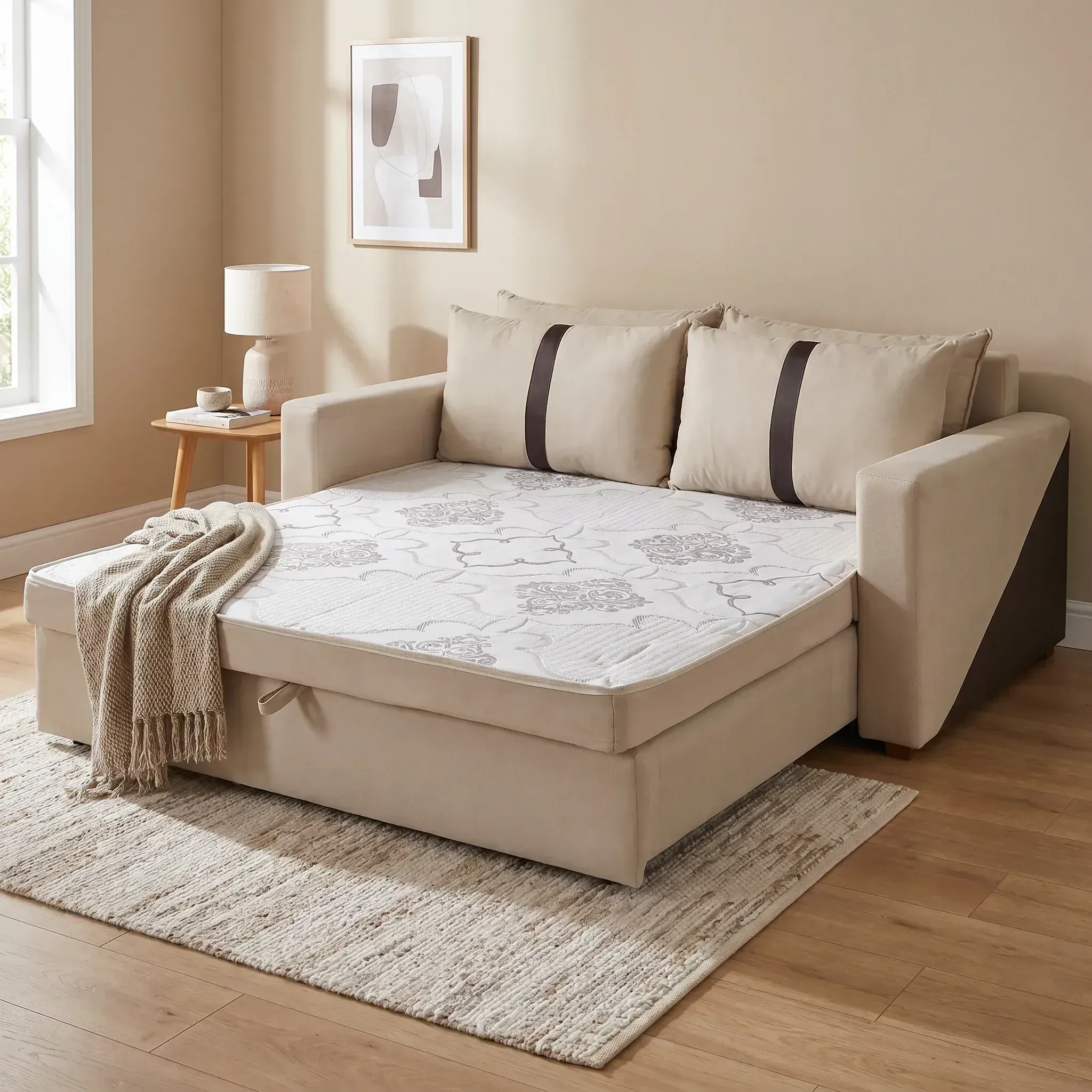 Sofá Cama Casal Moderno 165x100cm Suede Tropical Bege