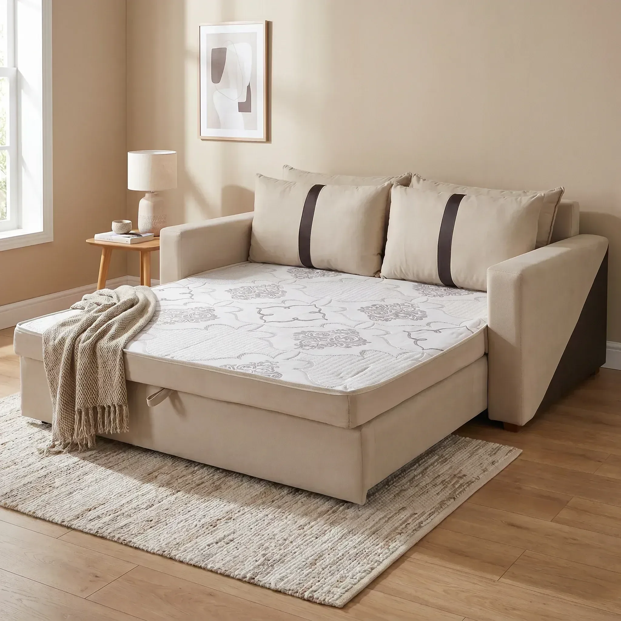 Sofá Cama Casal Moderno 165x100cm Suede Tropical Bege