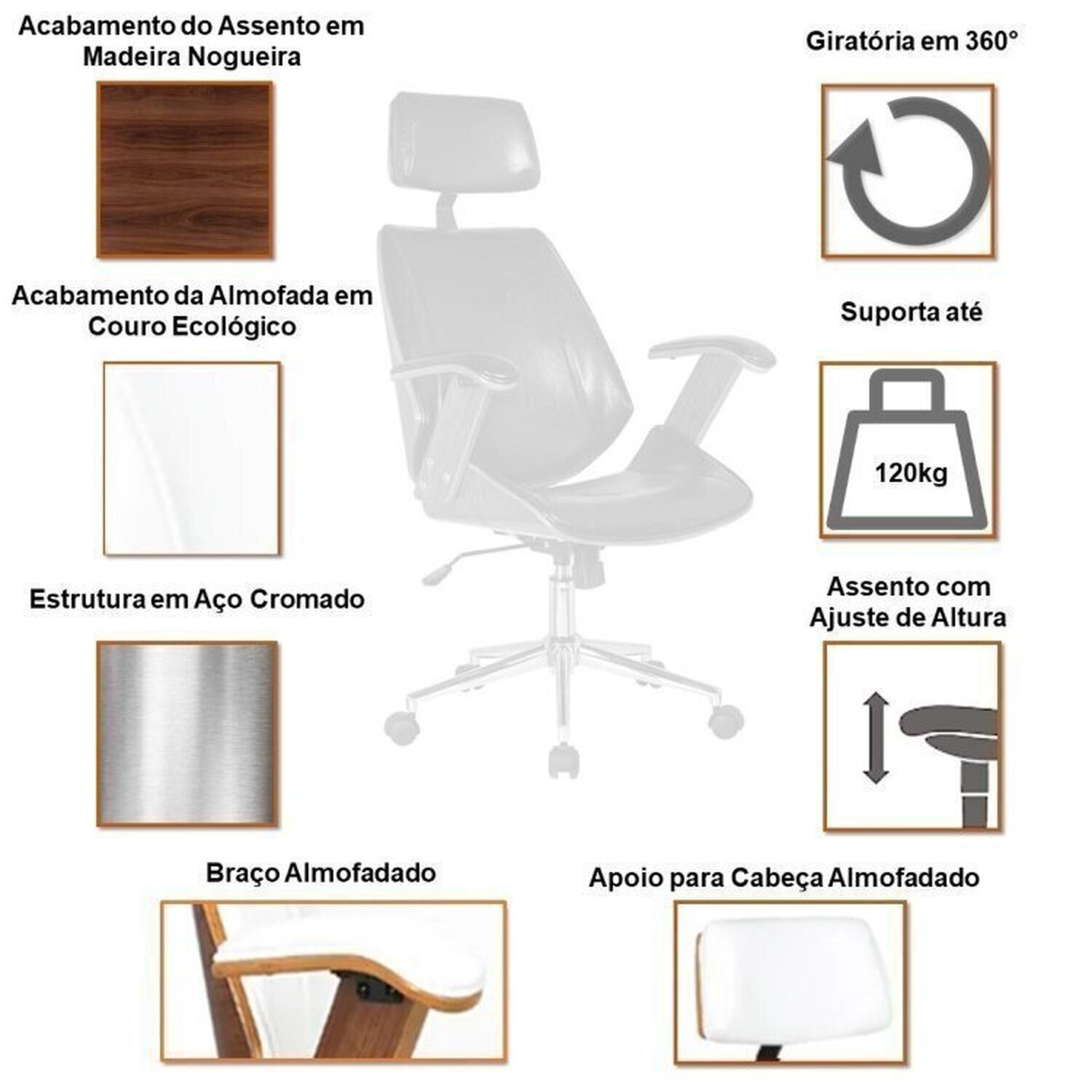 Kit 2 Cadeiras de Escritório Presidente Giratória com Apoia Cabeça Office Lisboa - 8