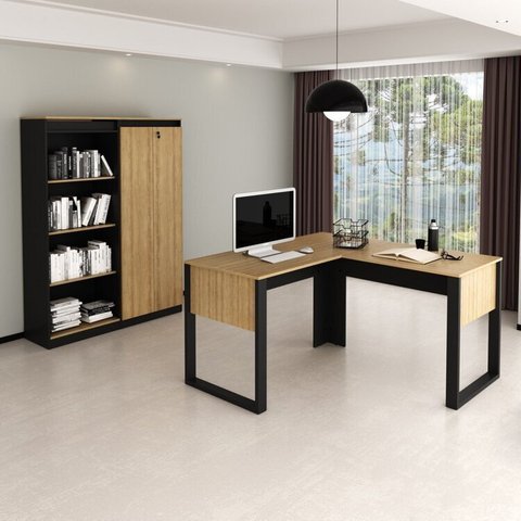 Conjunto 3 Peças com Escrivaninha em L, Armário com Chave e Estante Alta Amêndoa Preto
