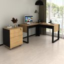Ver imagem 1 de Escrivaninha Mesa Escritório em L com Gaveteiro com Chave Amêndoa e Preto Marrom