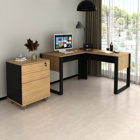 Escrivaninha Mesa Escritório em L com Gaveteiro com Chave Amêndoa E Preto